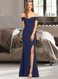 Maci Trumpet/Mermaid Off-the-Shoulder Floor-Length Stretch Crepe Bridesmaid Dress With Split Front UKP0013175