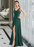 Baylee A-Line V-neck Floor-Length Chiffon Bridesmaid Dress With Ruffle Bow(s) Split Front UKP0013181