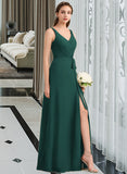 Baylee A-Line V-neck Floor-Length Chiffon Bridesmaid Dress With Ruffle Bow(s) Split Front UKP0013181