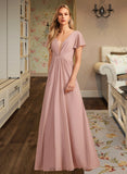 Meadow A-Line V-neck Floor-Length Bridesmaid Dress With Ruffle UKP0013183