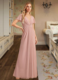 Meadow A-Line V-neck Floor-Length Bridesmaid Dress With Ruffle UKP0013183