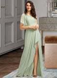 Dixie A-Line One-Shoulder Floor-Length Bridesmaid Dress With Ruffle Split Front UKP0013185