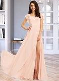 Heather A-Line Square Neckline Floor-Length Bridesmaid Dress With Split Front UKP0013186