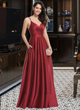 Itzel A-Line V-neck Floor-Length Satin Bridesmaid Dress With Ruffle Pockets UKP0013187