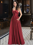 Itzel A-Line V-neck Floor-Length Satin Bridesmaid Dress With Ruffle Pockets UKP0013187