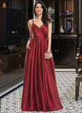 Itzel A-Line V-neck Floor-Length Satin Bridesmaid Dress With Ruffle Pockets UKP0013187