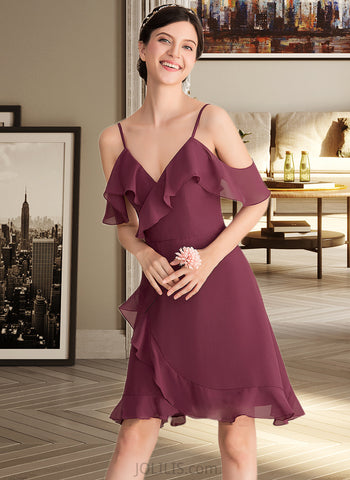 Selena A-Line V-neck Knee-Length Chiffon Bridesmaid Dress With Cascading Ruffles UKP0013188