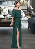 Ida A-Line Off-the-Shoulder Floor-Length Chiffon Bridesmaid Dress With Split Front UKP0013192