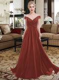 Zaria A-Line Off-the-Shoulder Floor-Length Chiffon Lace Bridesmaid Dress With Ruffle UKP0013193