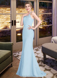 Lacey Trumpet/Mermaid Scoop Neck Sweep Train Chiffon Tulle Bridesmaid Dress With Ruffle UKP0013194