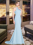 Lacey Trumpet/Mermaid Scoop Neck Sweep Train Chiffon Tulle Bridesmaid Dress With Ruffle UKP0013194