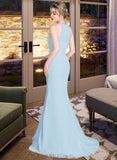 Lacey Trumpet/Mermaid Scoop Neck Sweep Train Chiffon Tulle Bridesmaid Dress With Ruffle UKP0013194