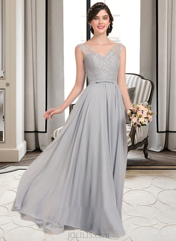 Setlla A-Line V-neck Floor-Length Chiffon Lace Bridesmaid Dress With Bow(s) UKP0013203