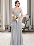 Setlla A-Line V-neck Floor-Length Chiffon Lace Bridesmaid Dress With Bow(s) UKP0013203