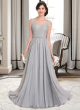 Setlla A-Line V-neck Floor-Length Chiffon Lace Bridesmaid Dress With Bow(s) UKP0013203