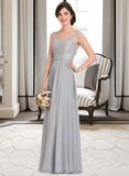 Setlla A-Line V-neck Floor-Length Chiffon Lace Bridesmaid Dress With Bow(s) UKP0013203