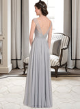 Setlla A-Line V-neck Floor-Length Chiffon Lace Bridesmaid Dress With Bow(s) UKP0013203