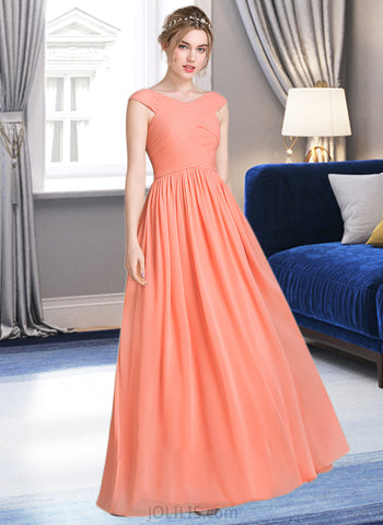 Madalyn Ball-Gown/Princess V-neck Floor-Length Chiffon Bridesmaid Dress With Ruffle UKP0013204