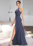 Jaylee A-Line Halter Floor-Length Bridesmaid Dress With Lace Split Front UKP0013205