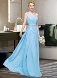 Nora A-Line V-neck Floor-Length Chiffon Bridesmaid Dress With Ruffle Bow(s) UKP0013211