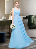 Nora A-Line V-neck Floor-Length Chiffon Bridesmaid Dress With Ruffle Bow(s) UKP0013211