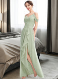 Heidy A-Line V-neck Floor-Length Bridesmaid Dress With Ruffle Split Front UKP0013213