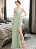 Heidy A-Line V-neck Floor-Length Bridesmaid Dress With Ruffle Split Front UKP0013213