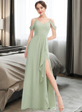 Heidy A-Line V-neck Floor-Length Bridesmaid Dress With Ruffle Split Front UKP0013213