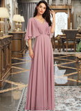 Bailee A-Line V-neck Floor-Length Bridesmaid Dress With Ruffle UKP0013214