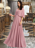 Bailee A-Line V-neck Floor-Length Bridesmaid Dress With Ruffle UKP0013214