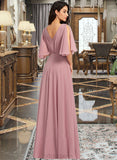 Bailee A-Line V-neck Floor-Length Bridesmaid Dress With Ruffle UKP0013214