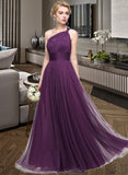 Maribel A-Line One-Shoulder Floor-Length Tulle Bridesmaid Dress With Ruffle UKP0013216