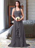 Breanna A-Line Halter Sweep Train Chiffon Bridesmaid Dress With Bow(s) Cascading Ruffles UKP0013217