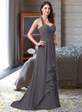 Breanna A-Line Halter Sweep Train Chiffon Bridesmaid Dress With Bow(s) Cascading Ruffles UKP0013217