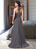 Breanna A-Line Halter Sweep Train Chiffon Bridesmaid Dress With Bow(s) Cascading Ruffles UKP0013217