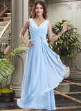 Gwen Chiffon V-neck Floor-length A-Line Bridesmaid Dress With Crystal Brooch And Cascading Ruffles UKP0013219