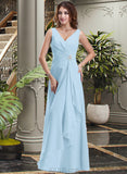 Gwen Chiffon V-neck Floor-length A-Line Bridesmaid Dress With Crystal Brooch And Cascading Ruffles UKP0013219