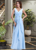 Gwen Chiffon V-neck Floor-length A-Line Bridesmaid Dress With Crystal Brooch And Cascading Ruffles UKP0013219