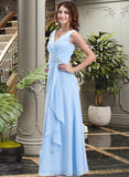 Gwen Chiffon V-neck Floor-length A-Line Bridesmaid Dress With Crystal Brooch And Cascading Ruffles UKP0013219