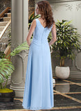 Gwen Chiffon V-neck Floor-length A-Line Bridesmaid Dress With Crystal Brooch And Cascading Ruffles UKP0013219