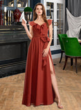 Kayden A-Line V-neck Floor-Length Bridesmaid Dress With Ruffle UKP0013221