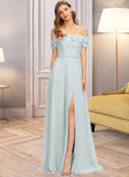 Winifred A-Line Off-the-Shoulder Floor-Length Chiffon Bridesmaid Dress With Beading Split Front Cascading Ruffles UKP0013226