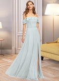 Winifred A-Line Off-the-Shoulder Floor-Length Chiffon Bridesmaid Dress With Beading Split Front Cascading Ruffles UKP0013226