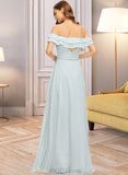 Winifred A-Line Off-the-Shoulder Floor-Length Chiffon Bridesmaid Dress With Beading Split Front Cascading Ruffles UKP0013226