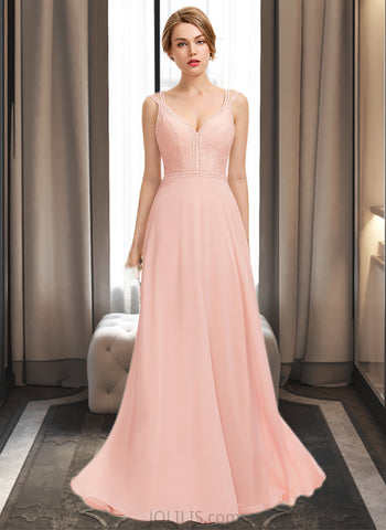 Yoselin A-Line V-neck Floor-Length Chiffon Lace Bridesmaid Dress UKP0013227