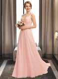 Yoselin A-Line V-neck Floor-Length Chiffon Lace Bridesmaid Dress UKP0013227