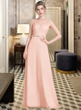 Yasmine A-Line Scoop Neck Floor-Length Chiffon Lace Bridesmaid Dress With Beading Bow(s) UKP0013229