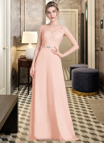 Yasmine A-Line Scoop Neck Floor-Length Chiffon Lace Bridesmaid Dress With Beading Bow(s) UKP0013229