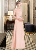 Yasmine A-Line Scoop Neck Floor-Length Chiffon Lace Bridesmaid Dress With Beading Bow(s) UKP0013229