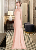 Yasmine A-Line Scoop Neck Floor-Length Chiffon Lace Bridesmaid Dress With Beading Bow(s) UKP0013229